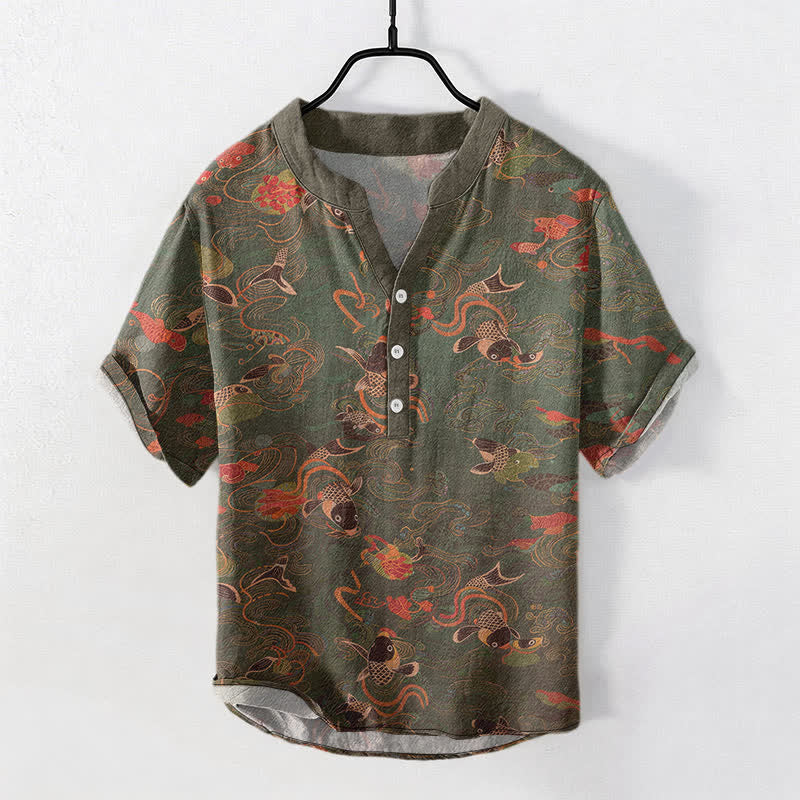Buddha Stones Camicia da uomo a maniche corte con mezza abbottonatura e motivo di pesci koi e loto in cotone. - Image 6