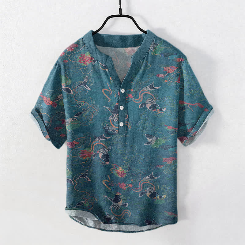 Buddha Stones Camicia da uomo a maniche corte con mezza abbottonatura e motivo di pesci koi e loto in cotone. - Image 8
