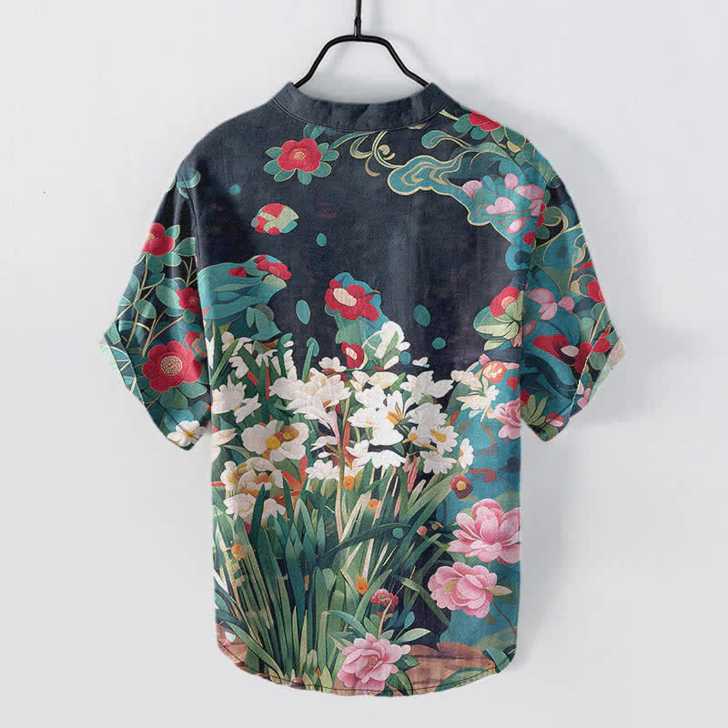 Buddha Stones Camicia da uomo a maniche corte con mezza abbottonatura e stampa floreale tropicale in cotone. - Image 9