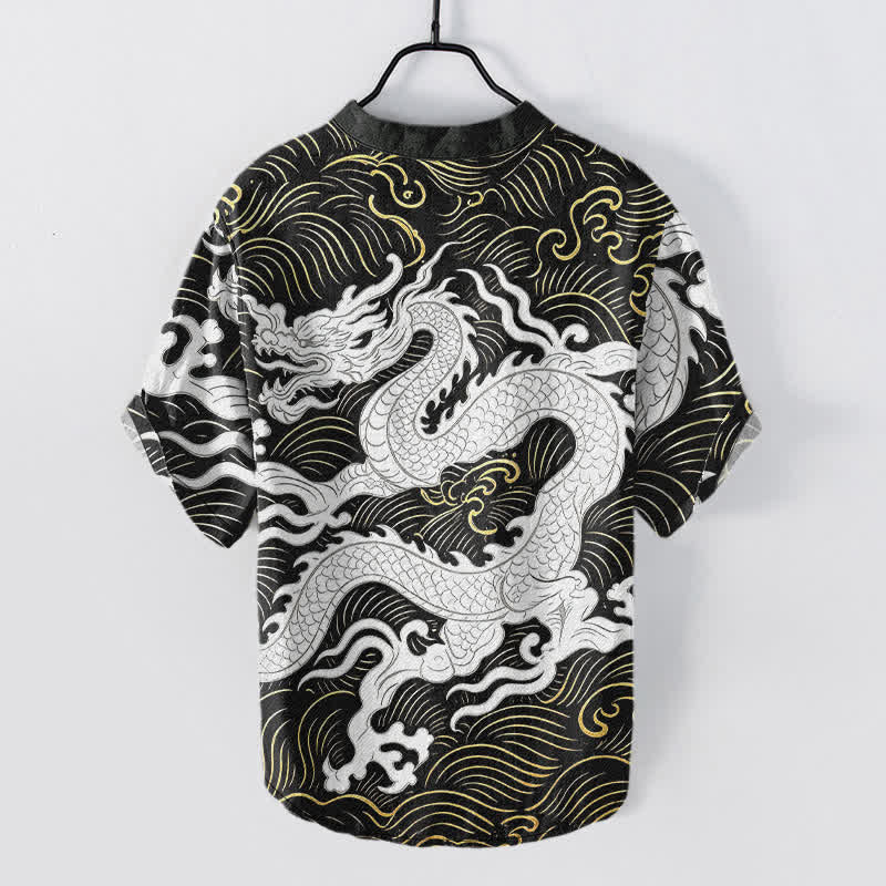 Buddha Stones Camicia da uomo a maniche corte con mezza abbottonatura, in cotone bianco con motivo a onde di drago. - Image 2