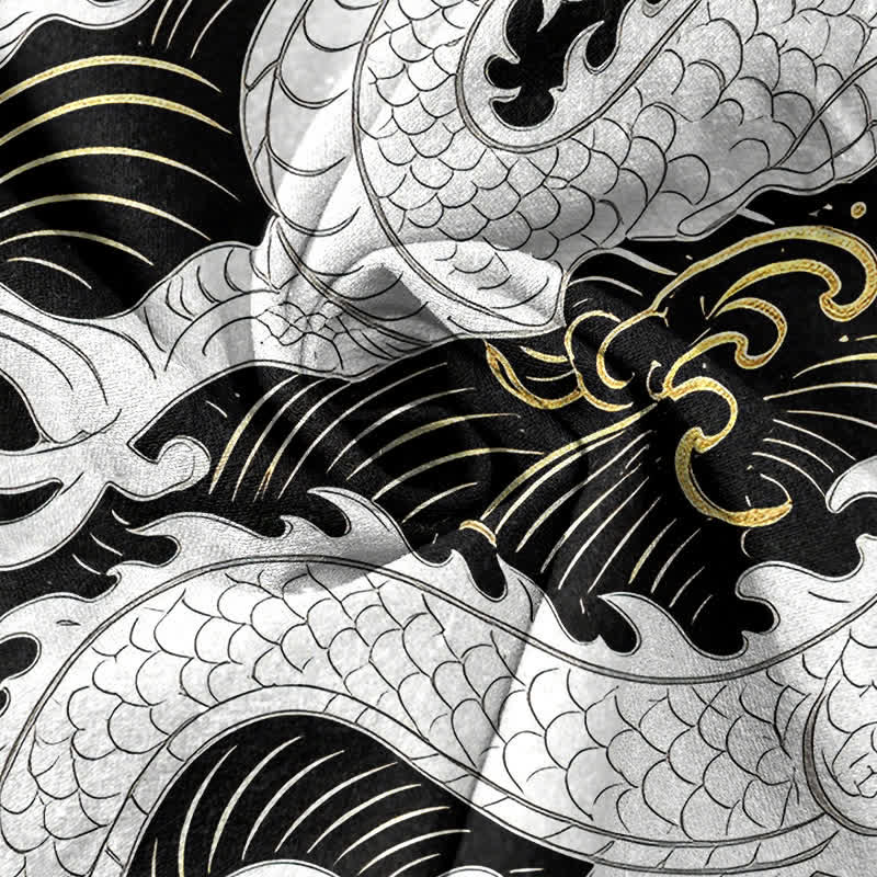 Buddha Stones Camicia da uomo a maniche corte con mezza abbottonatura, in cotone bianco con motivo a onde di drago. - Image 5