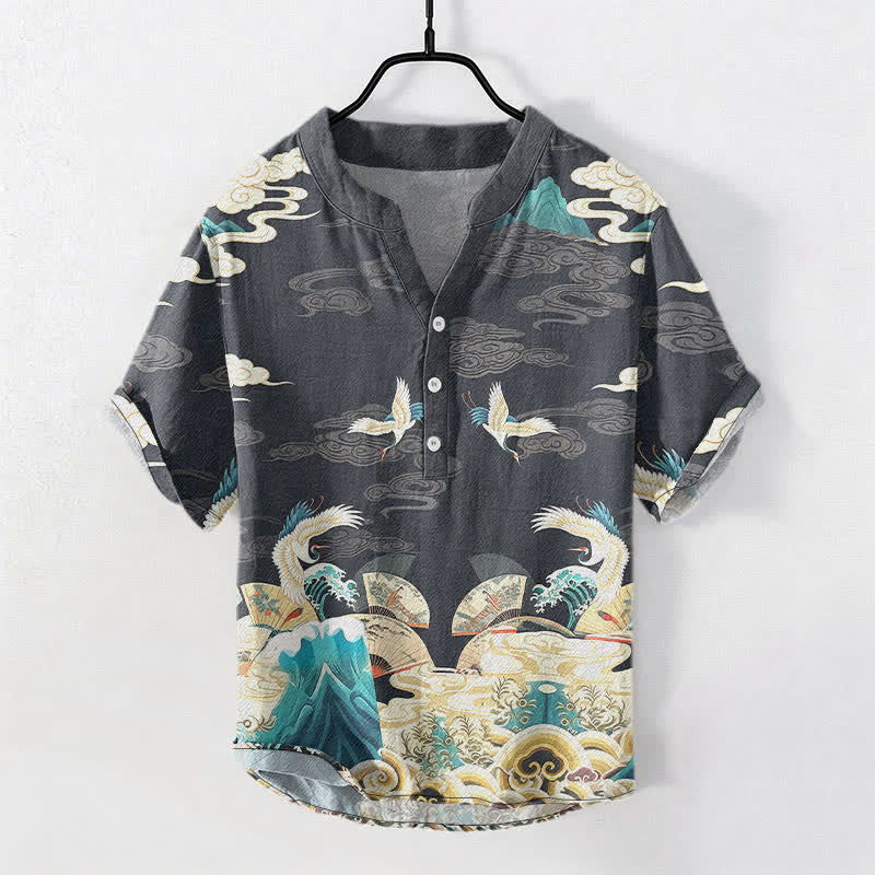Buddha Stones Camicia da uomo a maniche corte con mezza abbottonatura, in cotone, con motivo a gru, onde e nuvole.