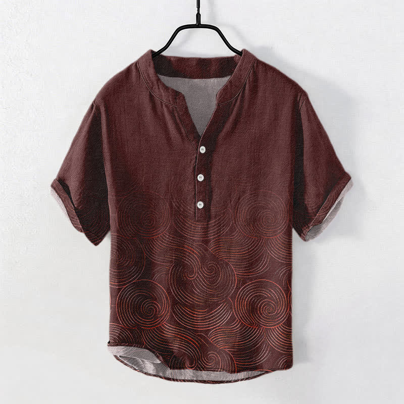 Buddha Stones Camicia da uomo a maniche corte con mezza abbottonatura, in cotone con motivo a onde concentriche. - Image 6