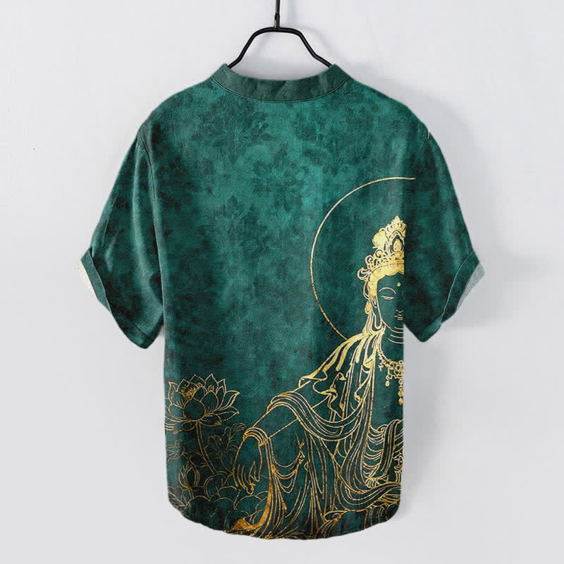 Buddha Stones Camicia da uomo a maniche corte con mezza abbottonatura, in cotone, con motivo Buddha dorato e loto. - Image 2