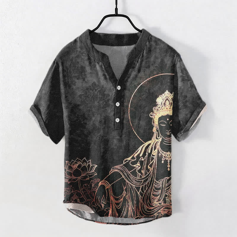 Buddha Stones Camicia da uomo a maniche corte con mezza abbottonatura, in cotone, con motivo Buddha dorato e loto. - Image 8