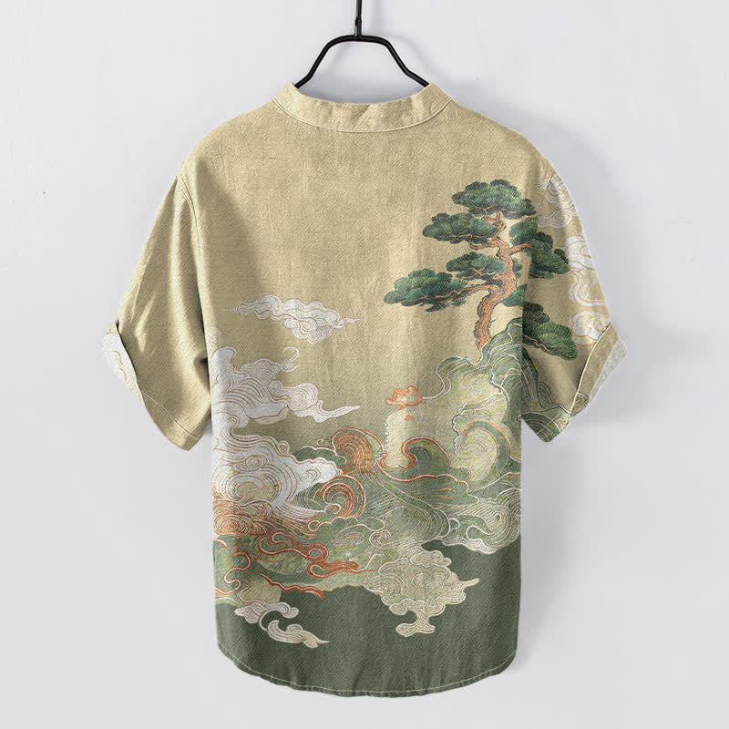 Buddha Stones Camicia da uomo a maniche corte con mezza abbottonatura, stampa a onde di pino, in cotone. - Image 2