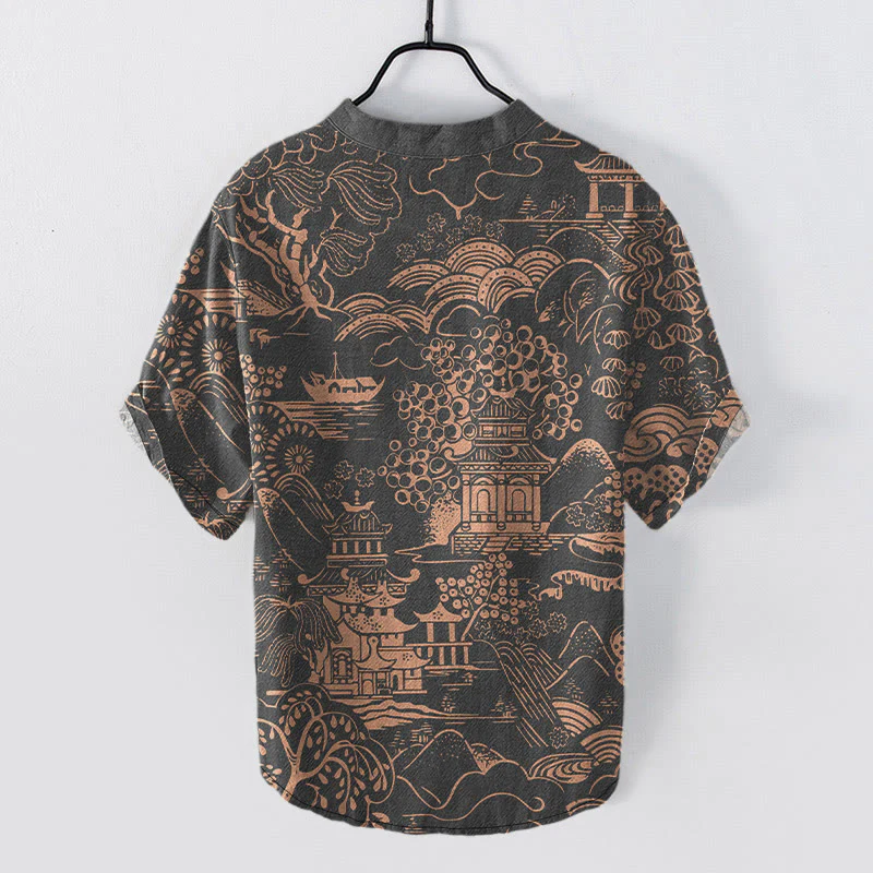 Buddha Stones Camicia da uomo a maniche corte con mezzo bottone, in cotone, con motivo paesaggistico Nature Towers. - Image 8