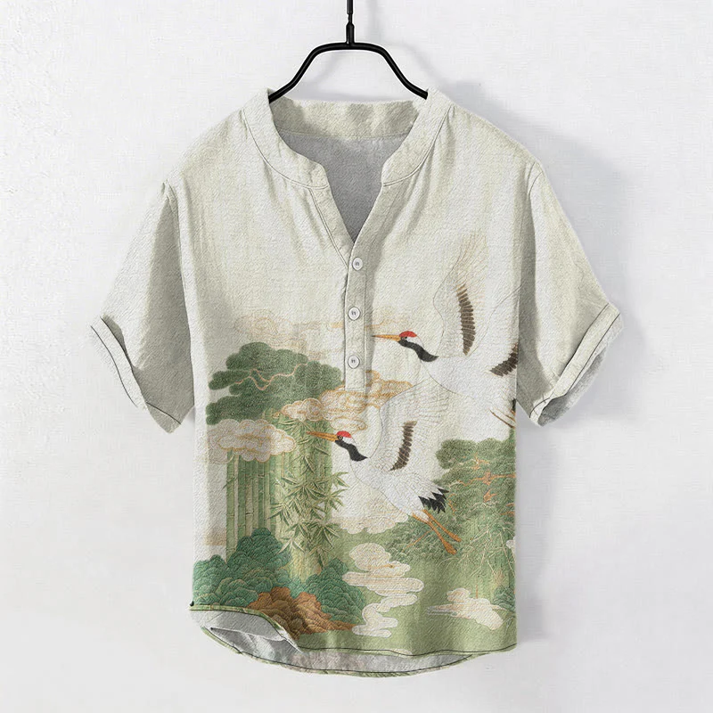 Buddha Stones Camicia da uomo a maniche corte con mezzo bottone, stampa "Cotton Crane Auspicious Clouds Landscapes". - Image 7