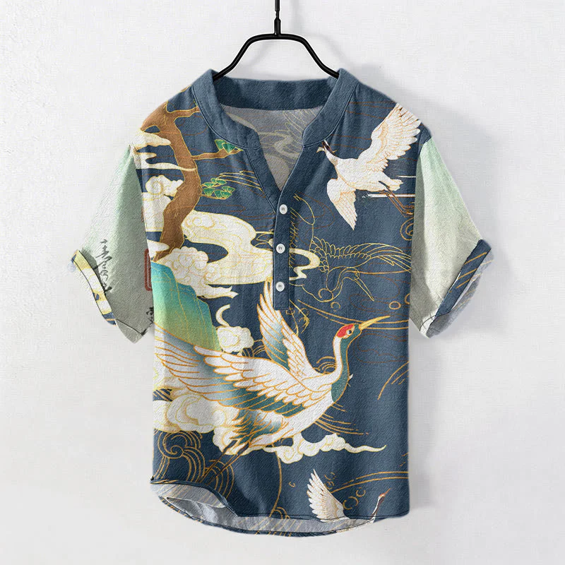 Buddha Stones Camicia da uomo a maniche corte con mezzo bottone, stampa "Cotton Crane Auspicious Clouds Pine Pattern" e motivo a gru di cotone. - Image 5