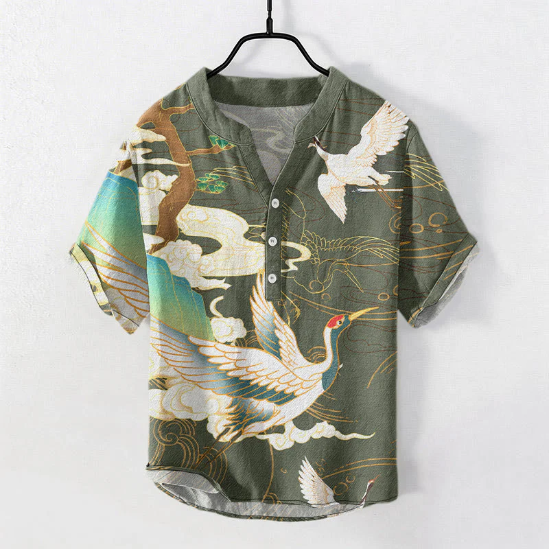 Buddha Stones Camicia da uomo a maniche corte con mezzo bottone, stampa "Cotton Crane Auspicious Clouds Pine Pattern" e motivo a gru di cotone. - Image 7