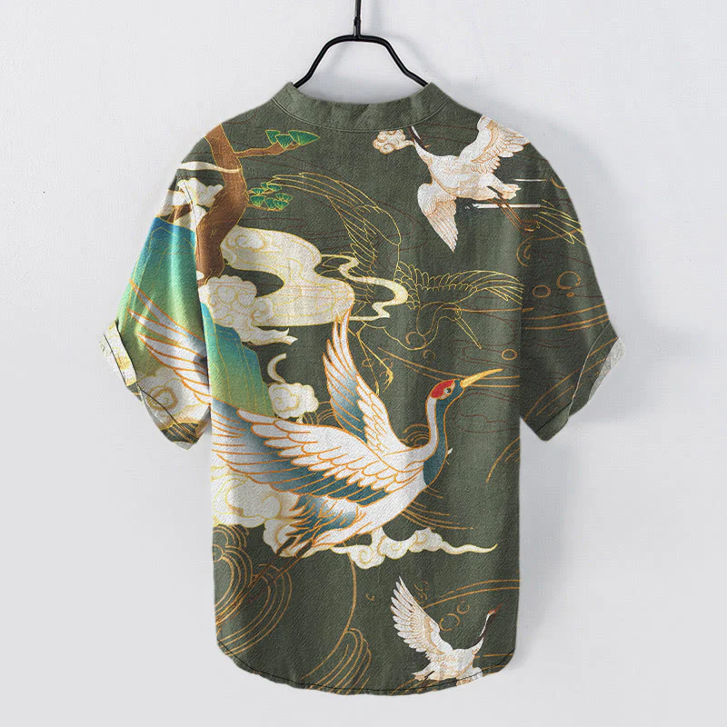 Buddha Stones Camicia da uomo a maniche corte con mezzo bottone, stampa "Cotton Crane Auspicious Clouds Pine Pattern" e motivo a gru di cotone. - Image 8