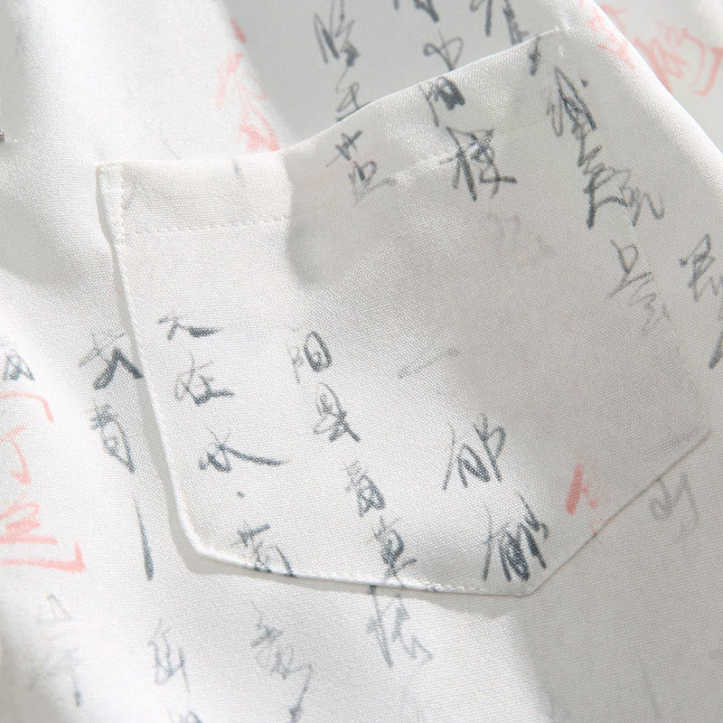 Buddha Stones Camicia da uomo a maniche corte con tasca, chiusura a rana con barra di metallo e motivo stampato con calligrafia - Image 7