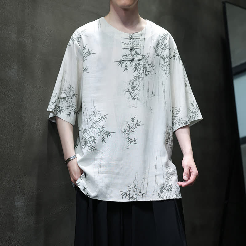 Buddha Stones Camicia da uomo a maniche corte in cotone e lino con bottoni a forma di rana, stile Summer Tang, con stampa bambù.