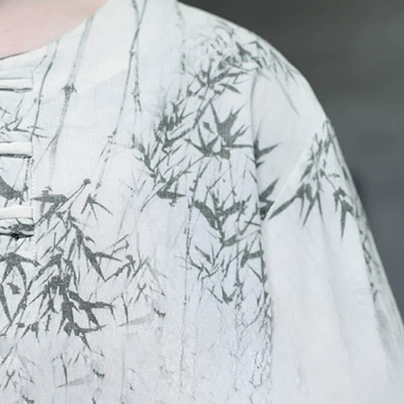 Buddha Stones Camicia da uomo a maniche corte in cotone e lino con bottoni a forma di rana, stile Summer Tang, con stampa bambù. - Image 10