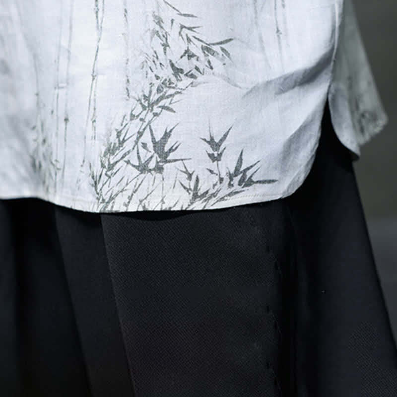 Buddha Stones Camicia da uomo a maniche corte in cotone e lino con bottoni a forma di rana, stile Summer Tang, con stampa bambù. - Image 11