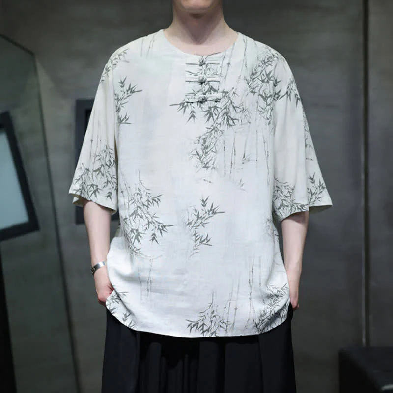 Buddha Stones Camicia da uomo a maniche corte in cotone e lino con bottoni a forma di rana, stile Summer Tang, con stampa bambù. - Image 2