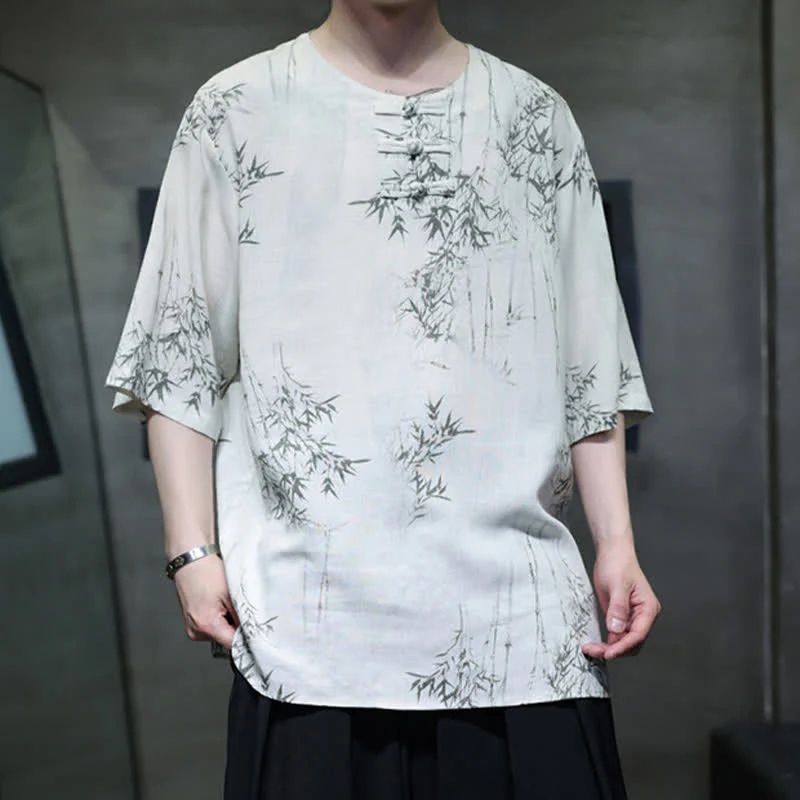 Buddha Stones Camicia da uomo a maniche corte in cotone e lino con bottoni a forma di rana, stile Summer Tang, con stampa bambù. - Image 3