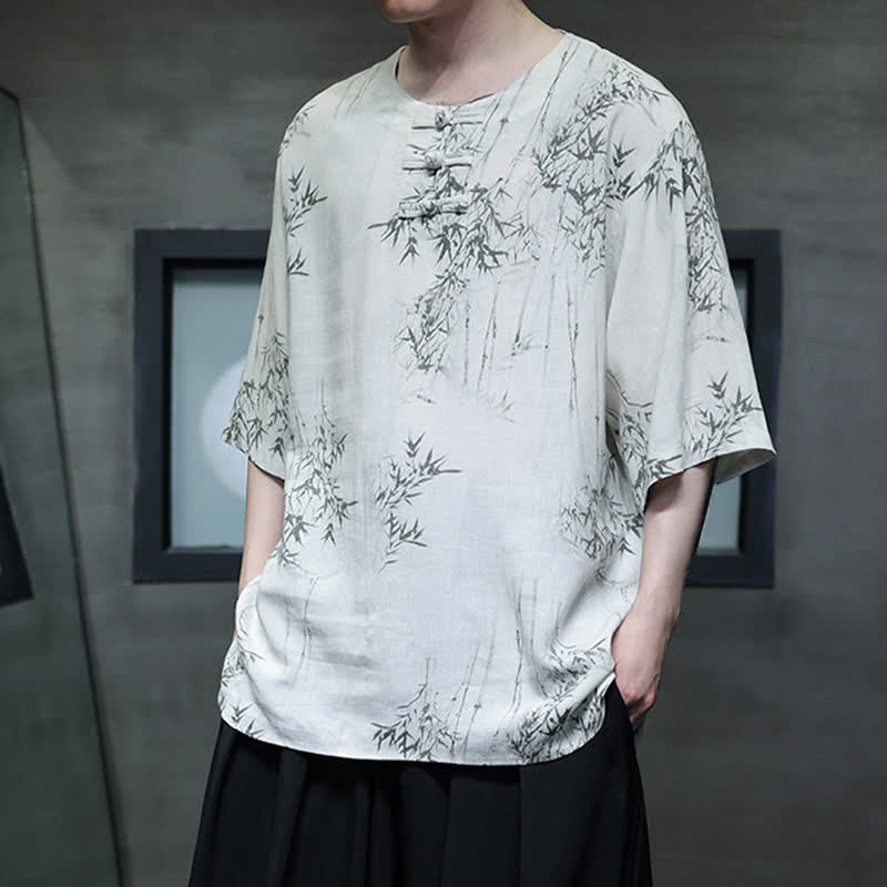 Buddha Stones Camicia da uomo a maniche corte in cotone e lino con bottoni a forma di rana, stile Summer Tang, con stampa bambù. - Image 4