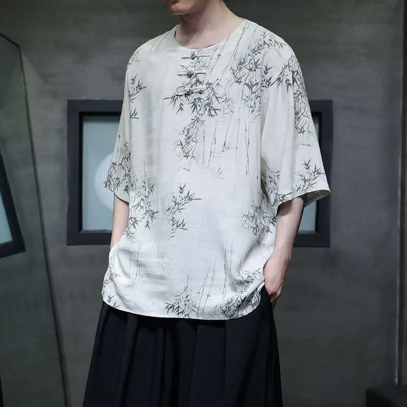 Buddha Stones Camicia da uomo a maniche corte in cotone e lino con bottoni a forma di rana, stile Summer Tang, con stampa bambù. - Image 9