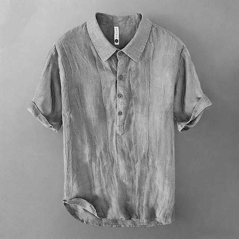 Buddha Stones Camicia da uomo a maniche corte in cotone e lino, con mezza abbottonatura e colletto risvoltato, ideale per l'estate.
