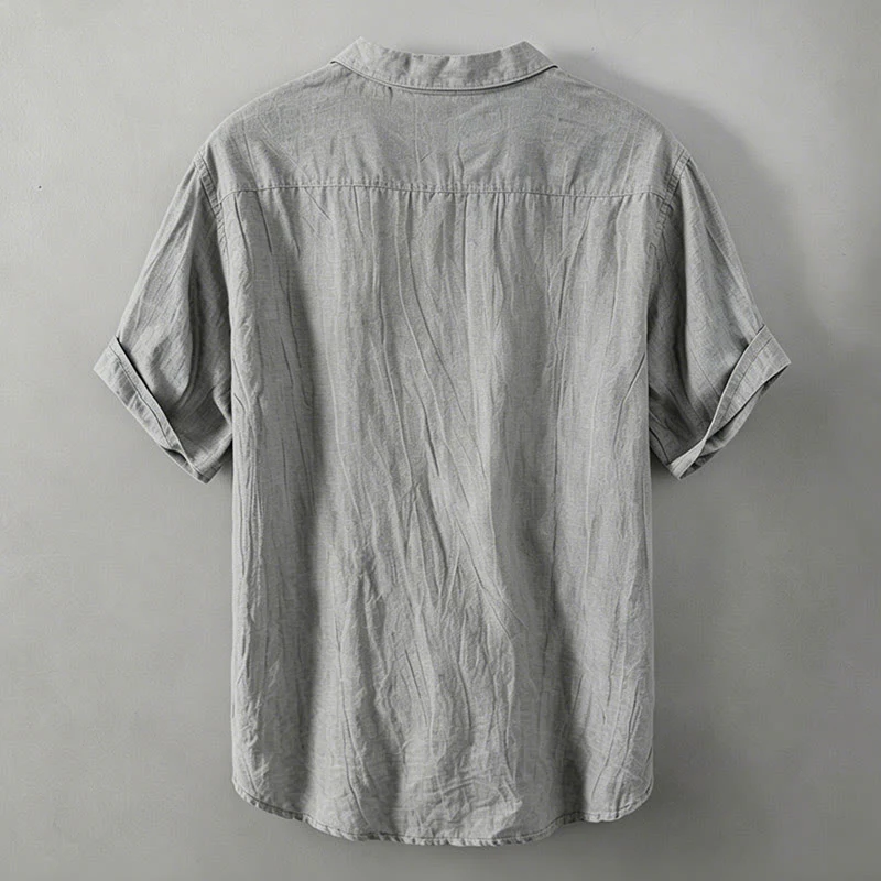 Buddha Stones Camicia da uomo a maniche corte in cotone e lino, con mezza abbottonatura e colletto risvoltato, ideale per l'estate. - Image 2