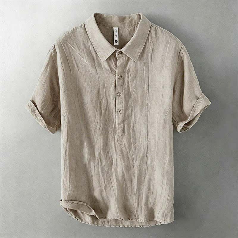 Buddha Stones Camicia da uomo a maniche corte in cotone e lino, con mezza abbottonatura e colletto risvoltato, ideale per l'estate. - Image 8