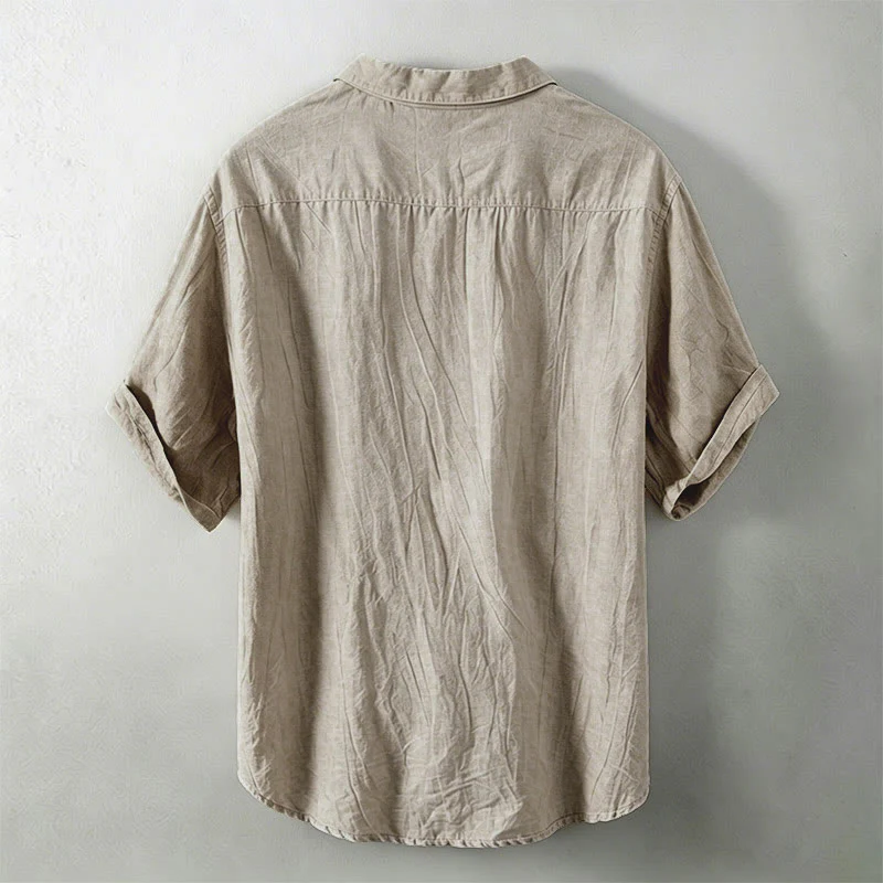 Buddha Stones Camicia da uomo a maniche corte in cotone e lino, con mezza abbottonatura e colletto risvoltato, ideale per l'estate. - Image 9