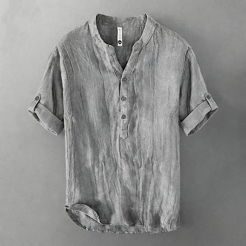 Buddha Stones Camicia da uomo a maniche corte in cotone e lino, con mezza abbottonatura e maniche arrotolate, ideale per l'estate.