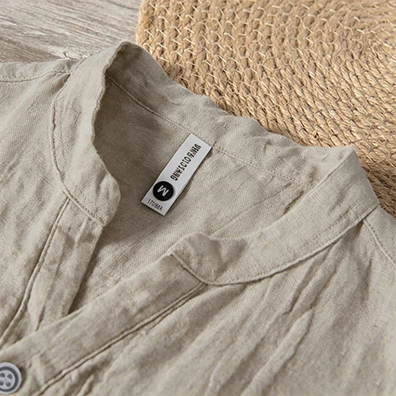 Buddha Stones Camicia da uomo a maniche corte in cotone e lino, con mezza abbottonatura e maniche arrotolate, ideale per l'estate. - Image 10