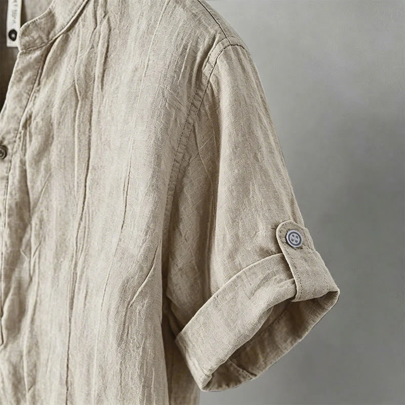 Buddha Stones Camicia da uomo a maniche corte in cotone e lino, con mezza abbottonatura e maniche arrotolate, ideale per l'estate. - Image 12