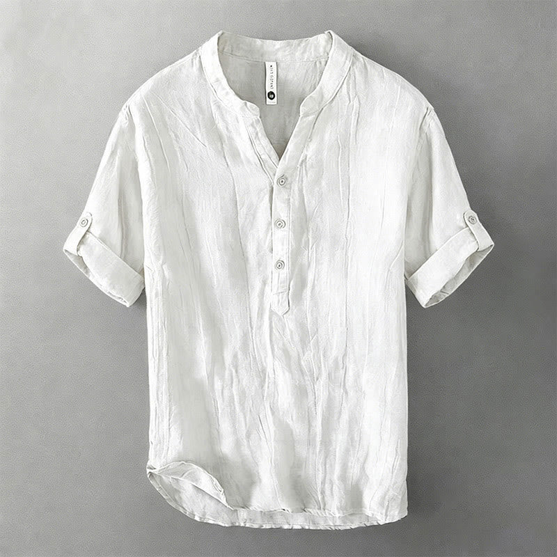 Buddha Stones Camicia da uomo a maniche corte in cotone e lino, con mezza abbottonatura e maniche arrotolate, ideale per l'estate. - Image 15