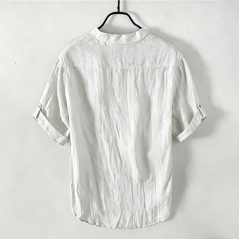 Buddha Stones Camicia da uomo a maniche corte in cotone e lino, con mezza abbottonatura e maniche arrotolate, ideale per l'estate. - Image 16