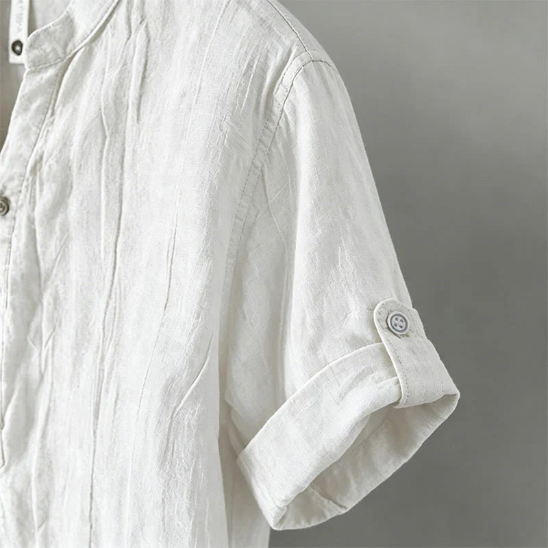 Buddha Stones Camicia da uomo a maniche corte in cotone e lino, con mezza abbottonatura e maniche arrotolate, ideale per l'estate. - Image 19