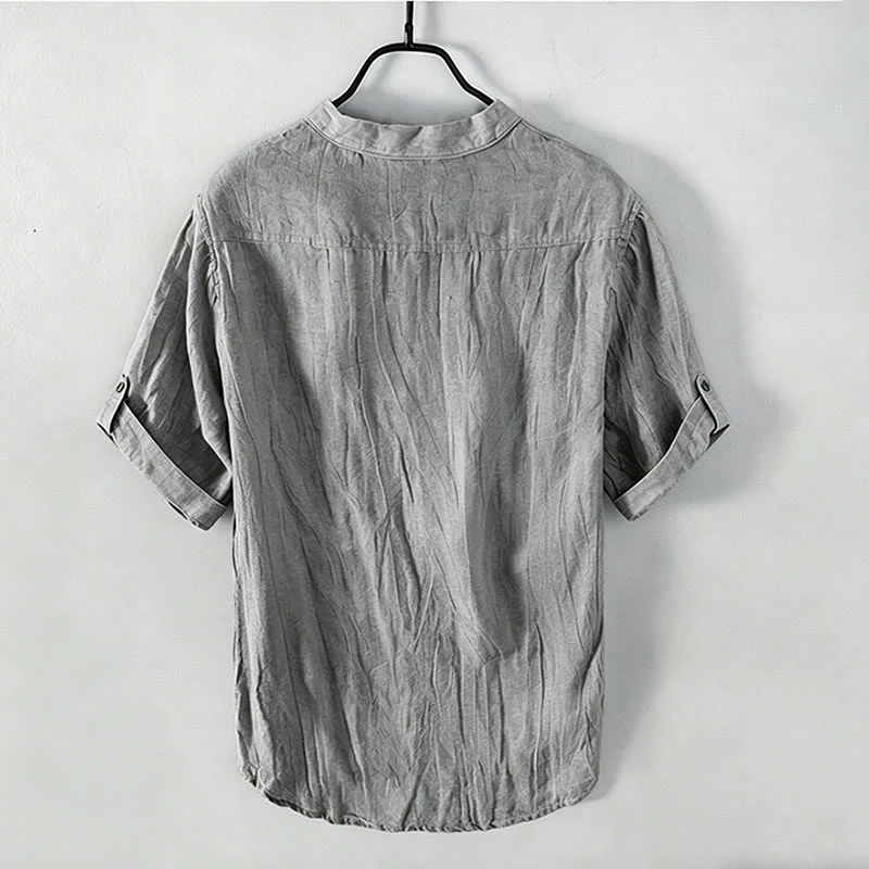 Buddha Stones Camicia da uomo a maniche corte in cotone e lino, con mezza abbottonatura e maniche arrotolate, ideale per l'estate. - Image 2