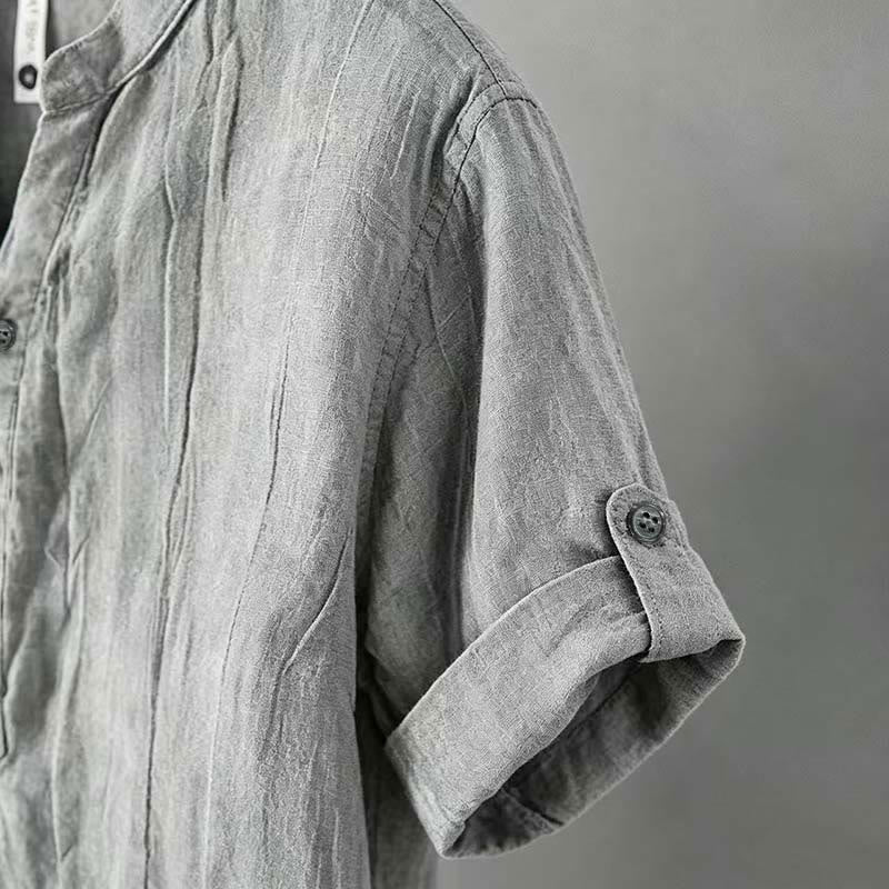 Buddha Stones Camicia da uomo a maniche corte in cotone e lino, con mezza abbottonatura e maniche arrotolate, ideale per l'estate. - Image 5