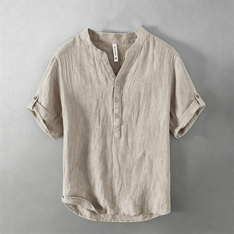 Buddha Stones Camicia da uomo a maniche corte in cotone e lino, con mezza abbottonatura e maniche arrotolate, ideale per l'estate. - Image 8