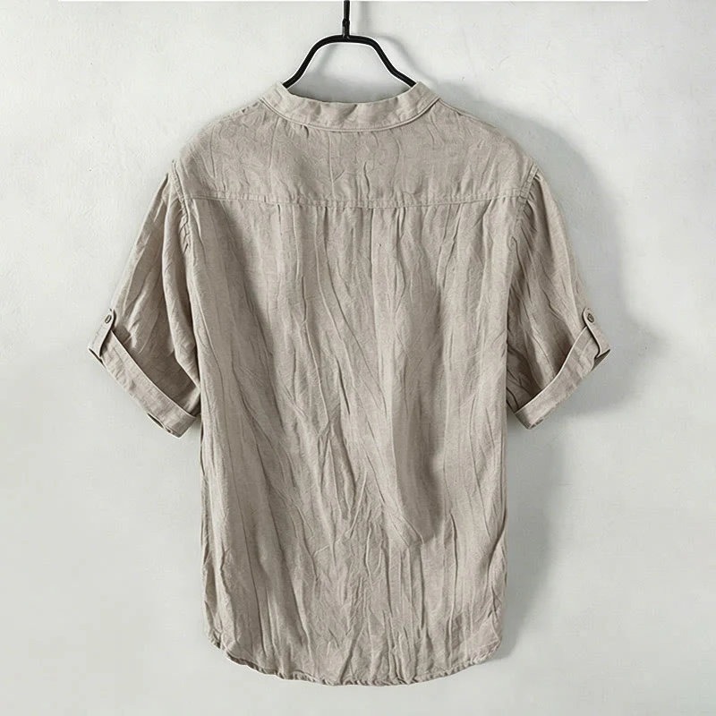 Buddha Stones Camicia da uomo a maniche corte in cotone e lino, con mezza abbottonatura e maniche arrotolate, ideale per l'estate. - Image 9