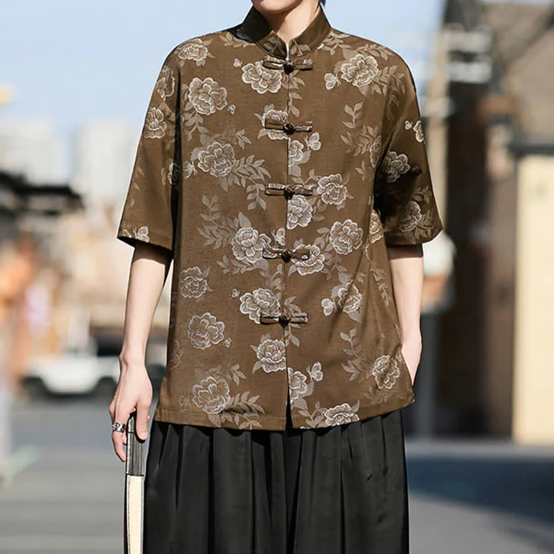 Buddha Stones Camicia da uomo a maniche corte in jacquard floreale con colletto alla coreana e bottoni a rana retrò - Image 4