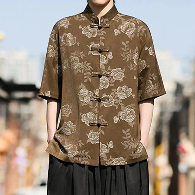 Buddha Stones Camicia da uomo a maniche corte in jacquard floreale con colletto alla coreana e bottoni a rana retrò - Image 6