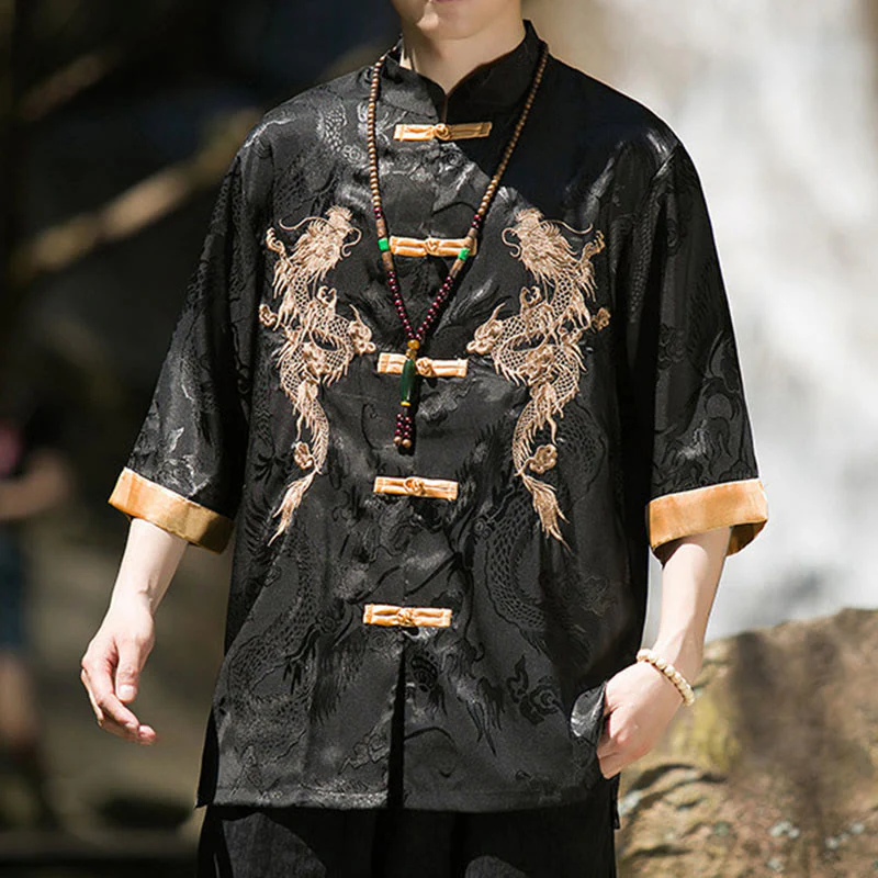 Buddha Stones Camicia da uomo a mezza manica con bottoni a rana, motivo drago ricamato, design colorblock - Image 15