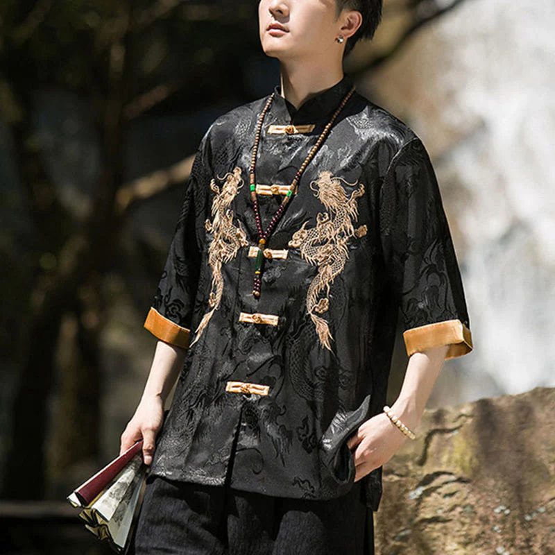 Buddha Stones Camicia da uomo a mezza manica con bottoni a rana, motivo drago ricamato, design colorblock - Image 16