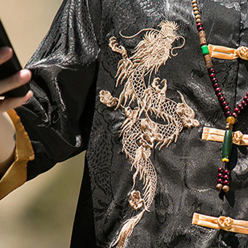 Buddha Stones Camicia da uomo a mezza manica con bottoni a rana, motivo drago ricamato, design colorblock - Image 21