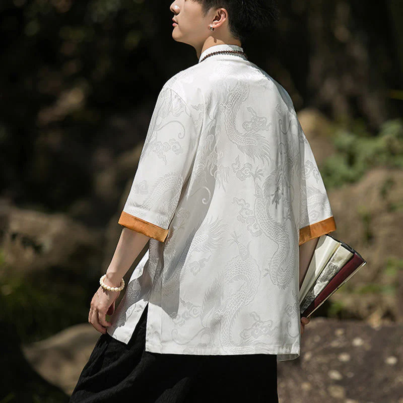Buddha Stones Camicia da uomo a mezza manica con bottoni a rana, motivo drago ricamato, design colorblock - Image 3