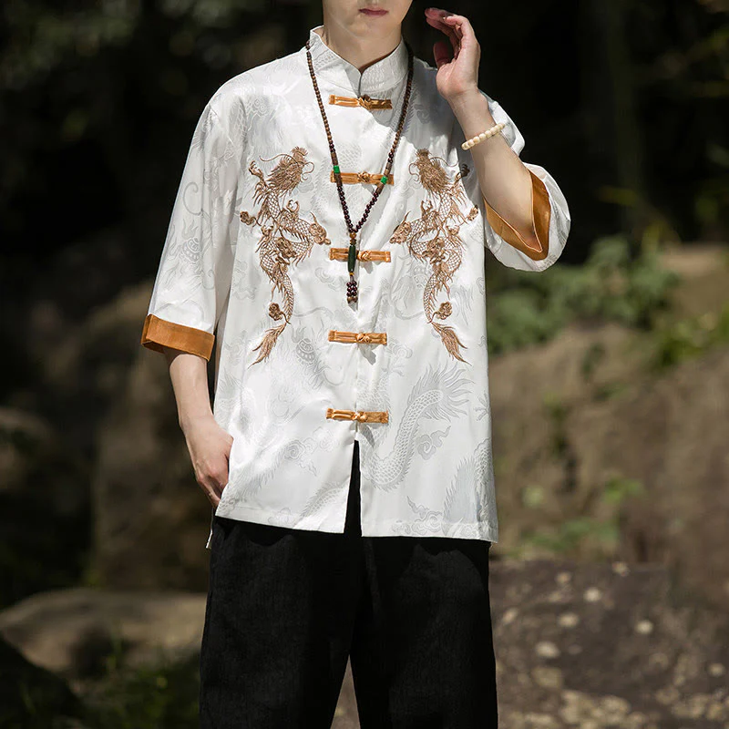 Buddha Stones Camicia da uomo a mezza manica con bottoni a rana, motivo drago ricamato, design colorblock - Image 7