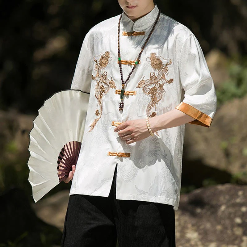 Buddha Stones Camicia da uomo a mezza manica con bottoni a rana, motivo drago ricamato, design colorblock - Image 9