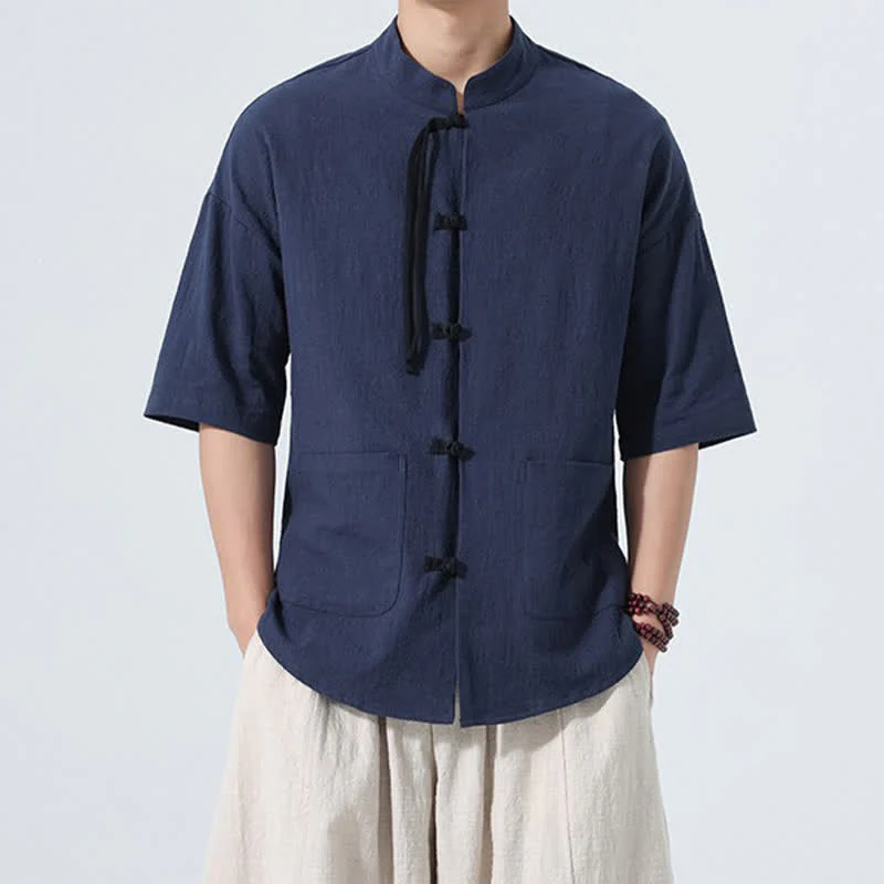 Buddha Stones Camicia da uomo estiva casual a maniche corte con colletto alla coreana, bottoni a rana e tasche. - Image 17