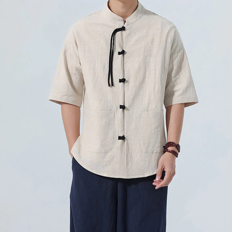 Buddha Stones Camicia da uomo estiva casual a maniche corte con colletto alla coreana, bottoni a rana e tasche. - Image 8