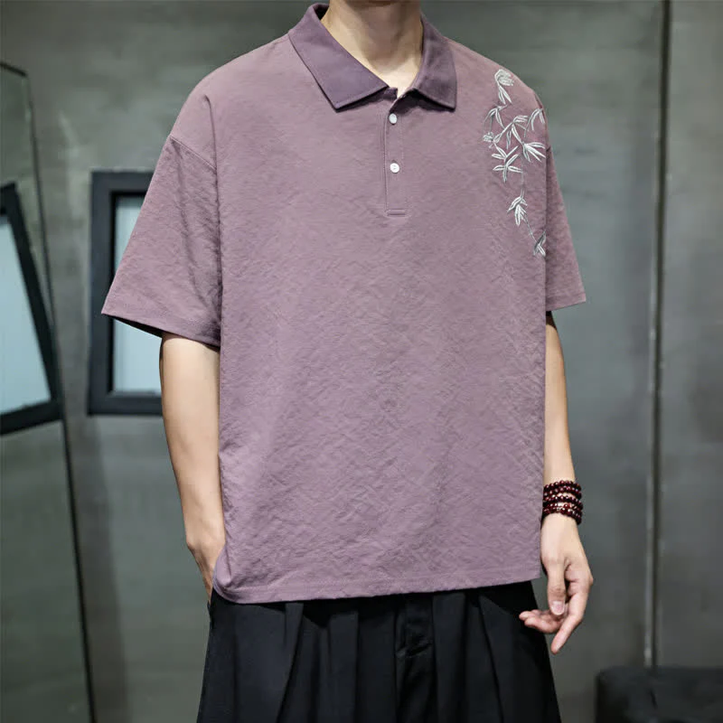 Buddha Stones Camicia da uomo estiva casual a maniche corte con ricami, tinta unita. - Image 5