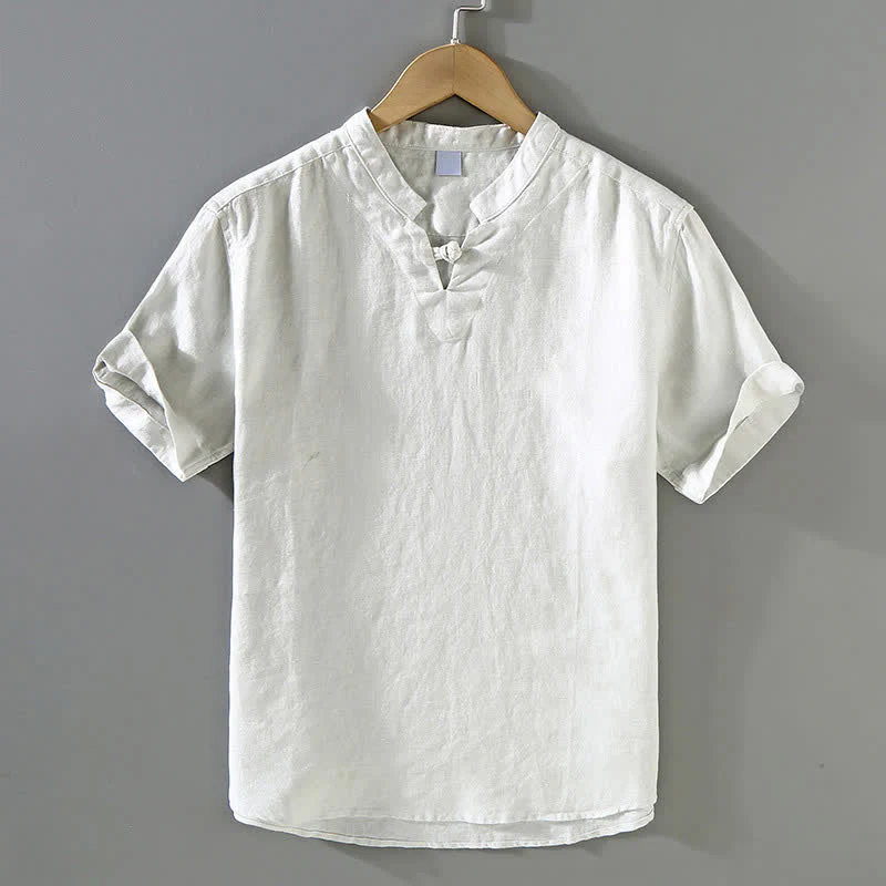 Buddha Stones Camicia da uomo estiva casual a maniche corte in lino con colletto alla coreana e bottoni a rana.
