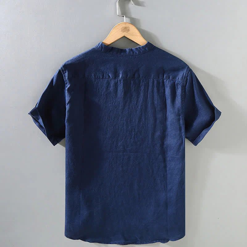 Buddha Stones Camicia da uomo estiva casual a maniche corte in lino con colletto alla coreana e bottoni a rana. - Image 3